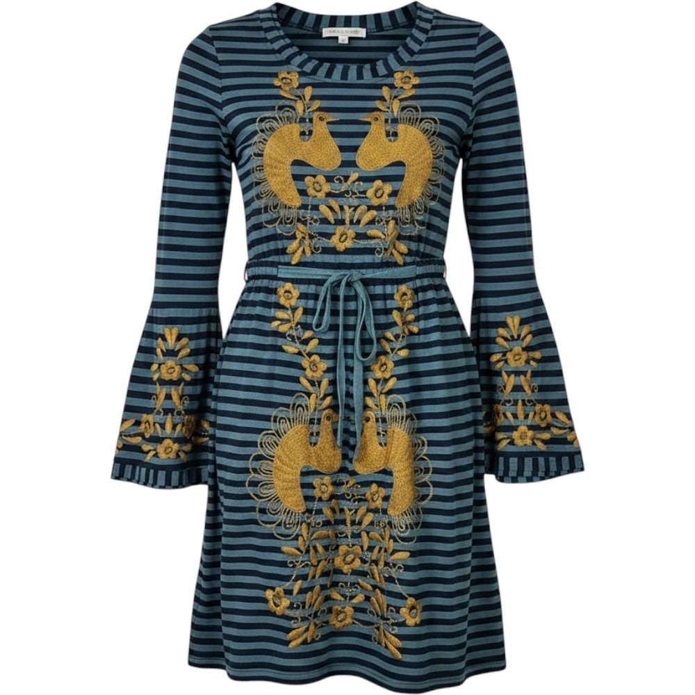 Uncle Frank Embroidered Striped Dress Peacock Floral XS Boho Folk Art To Wear
